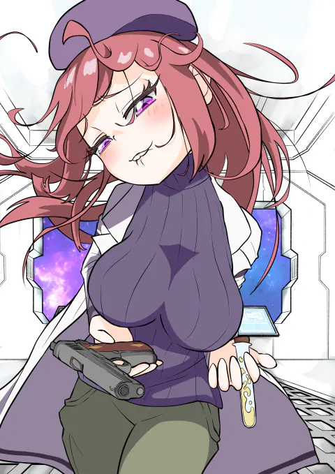 Jessica Titor smirking with a pistol in one hand and a glowing yellow test tube in the other, standing in a white station corridor.