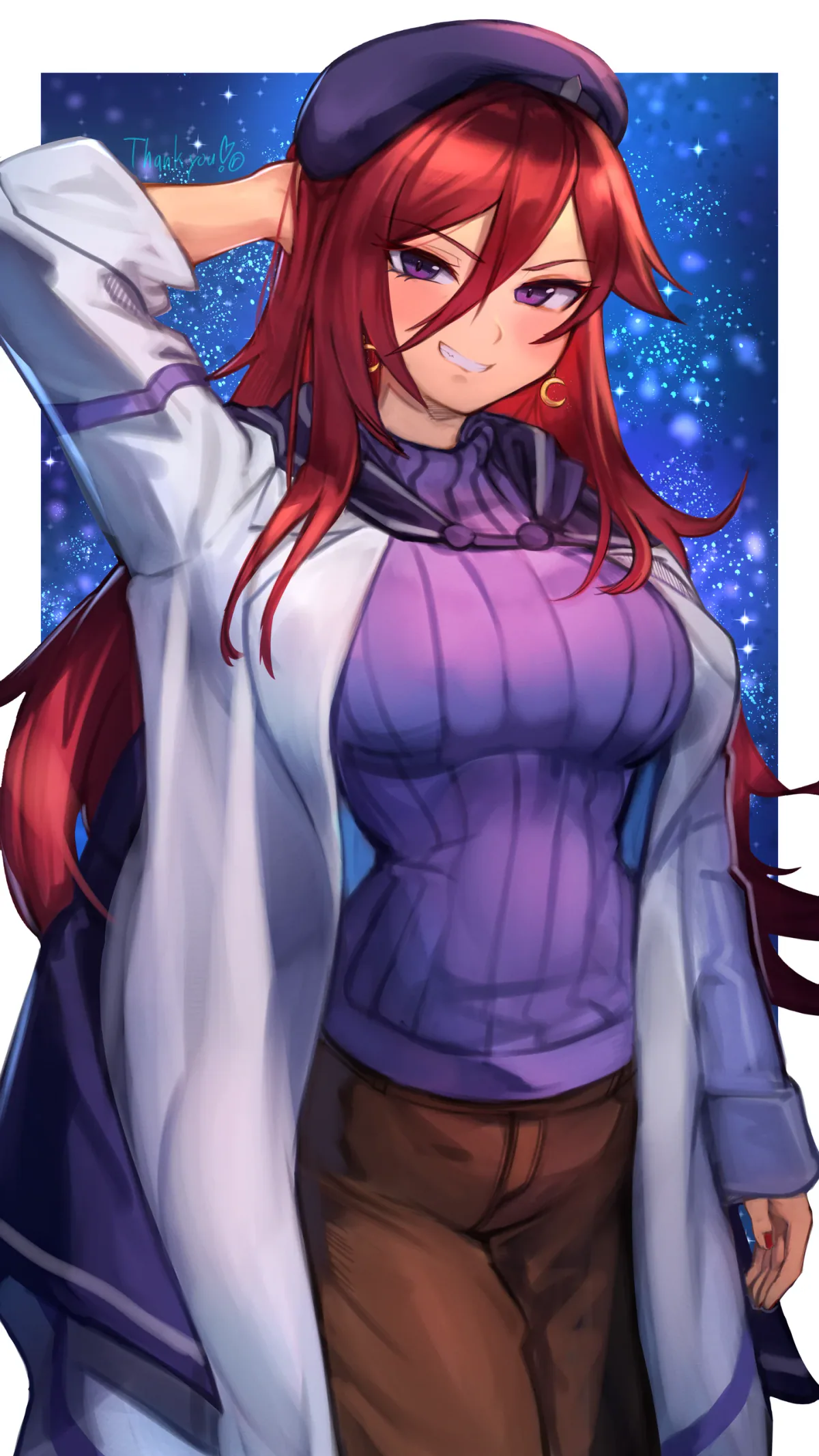 Jessica Titor grinning in her classic outfit: purple beret, white lab coat, purple turtleneck and brown trousers, framed against a starry blue panel.