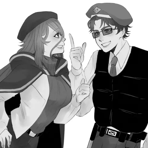 A greyscale drawing of Jessica Titor beside a grinning man in sunglasses and a tie, both raising a finger mid-argument.