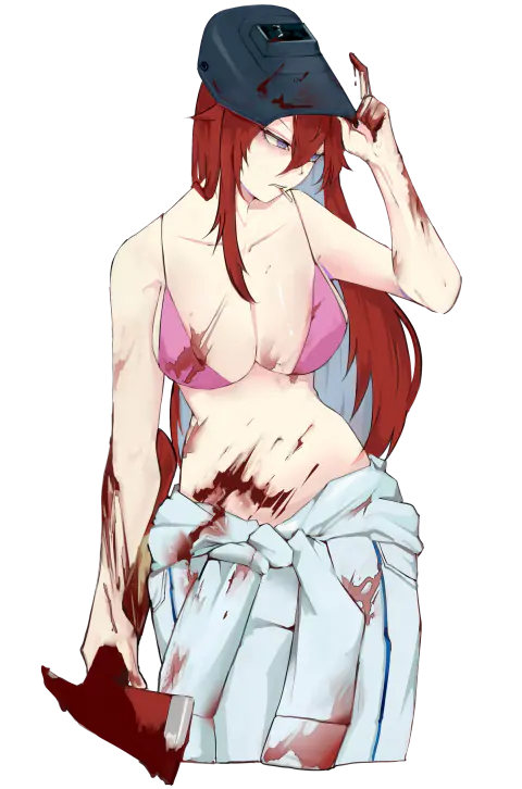Jessica Titor in a welding mask and pink bikini top, streaked with blood, a lab coat tied around her waist.