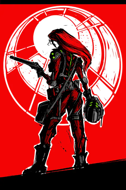 A three-colour red, black and white poster of Jessica Titor in armour with a pistol and helmet, silhouetted against a giant white ring.