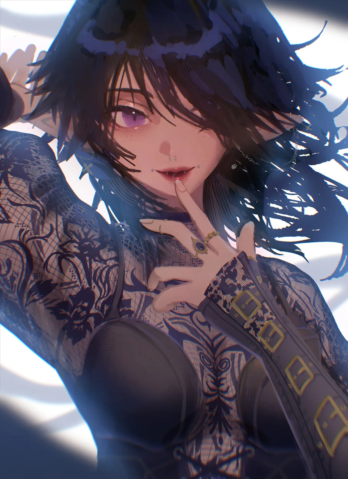 A commissioned portrait of Jess in intricate black lace with dark hair, violet eyes, elf ears and facial piercings, one finger resting on her lip.