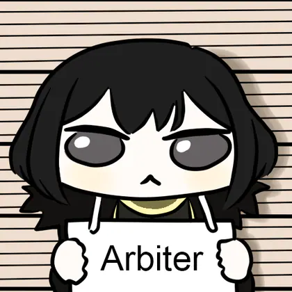 A chibi Zena with a black bob holding a sign that says ‘Arbiter’.