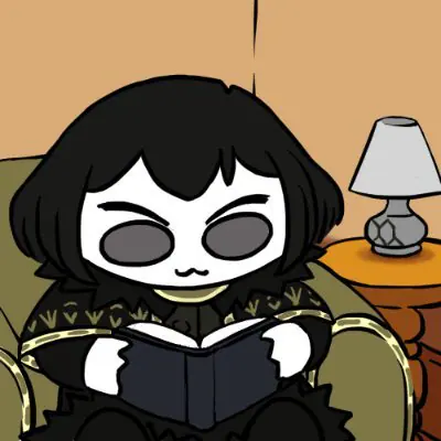 A chibi Zena curled up in an armchair, reading under a lamp.
