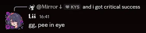 A Discord reply from Lii reading ‘gg, pee in eye’ under a message about getting a critical success.