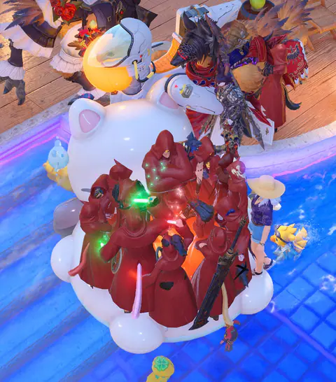A pile of player characters stacked on top of a huge white festive creature in a snowy FFXIV scene.