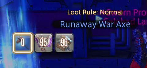 An FFXIV loot window for a Runaway War Axe with rolls of 0, 95 and 96.