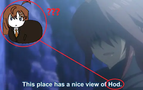 A dark game scene with a tiny figure circled in red MS Paint and the subtitle ‘This place has a nice view of Hod.’