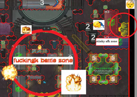 A game map annotated with red MS Paint circles, numbers and an angry ‘battle zone’ label.