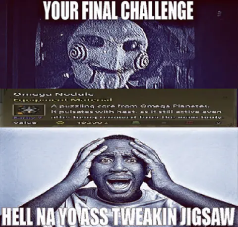 An Impact-caption meme: ‘Your final challenge’ above a game screenshot, a panicked face below.