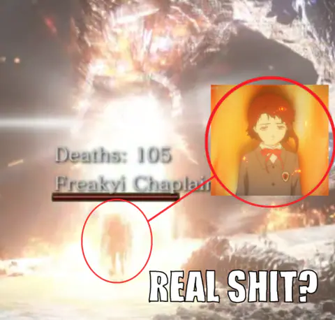 A blown-out game screenshot with a death counter at 105, a circled face and the caption ‘REAL SHIT?’