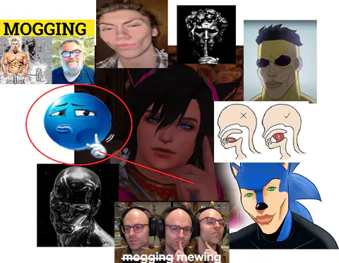 A collage research board of faces and memes under the heading ‘MOGGING’, with red circles and arrows.