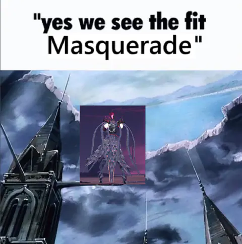 A tall dark figure in a snowy gothic city captioned ‘yes we see the fit’ and ‘Masquerade’.