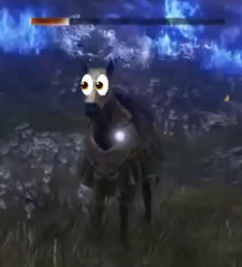 A small googly-eyed black creature standing in a dark blizzard.