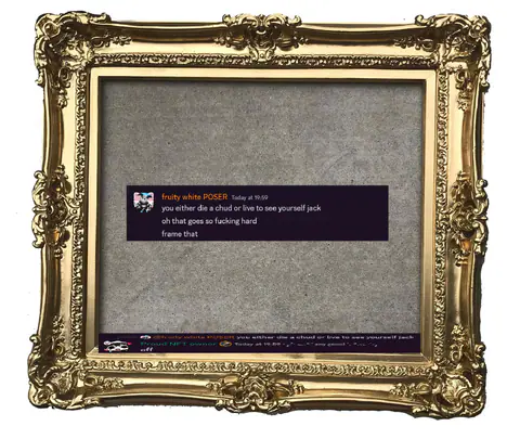 A Discord message mounted inside an ornate gilded baroque frame hanging on a concrete wall.