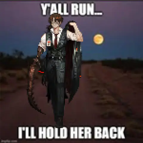 A caped figure on a road captioned ‘Y’ALL RUN…’ and ‘I’LL HOLD HER BACK’.