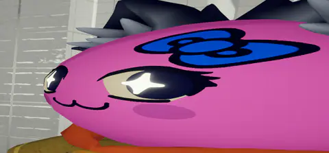 A round pink vehicle with a blue cap and a deeply satisfied face.