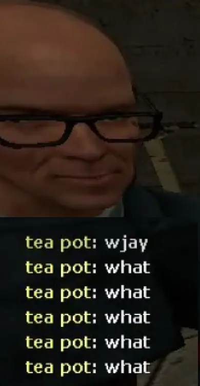 A chat log where a user named ‘tea pot’ says ‘what’ over and over.