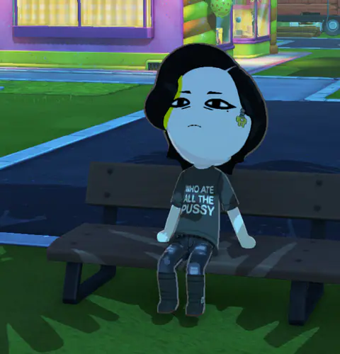 A Mii sitting very still on a park bench, indistinguishable from the bench.