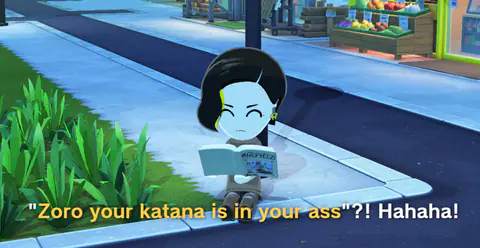 A Mii reading on a bench with the subtitle ‘Zoro your katana is in your ass?! Hahaha!’