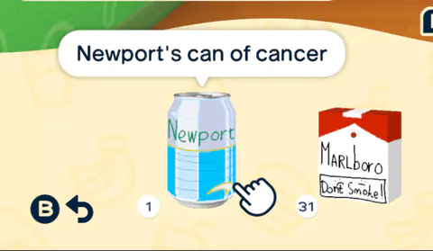 A Mii item screen offering a can labelled ‘Newport’s can of cancer’ next to a Marlboro pack.