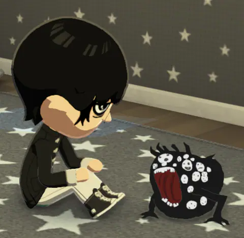 A spiky-haired Mii sitting calmly next to a black screaming creature covered in white dots.